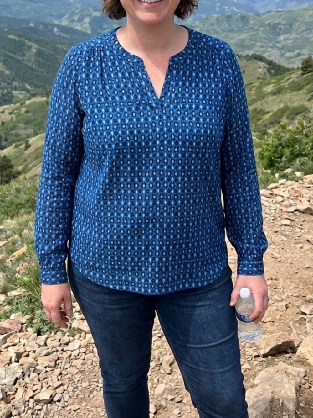 Orvis Blue Printed Lyocell Blouse Size 16 Boho Lightweight Top